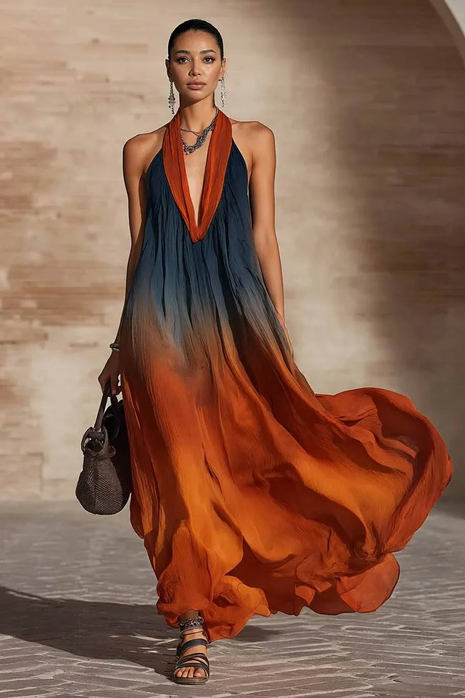 Vestido largo halter con escote en V degradado