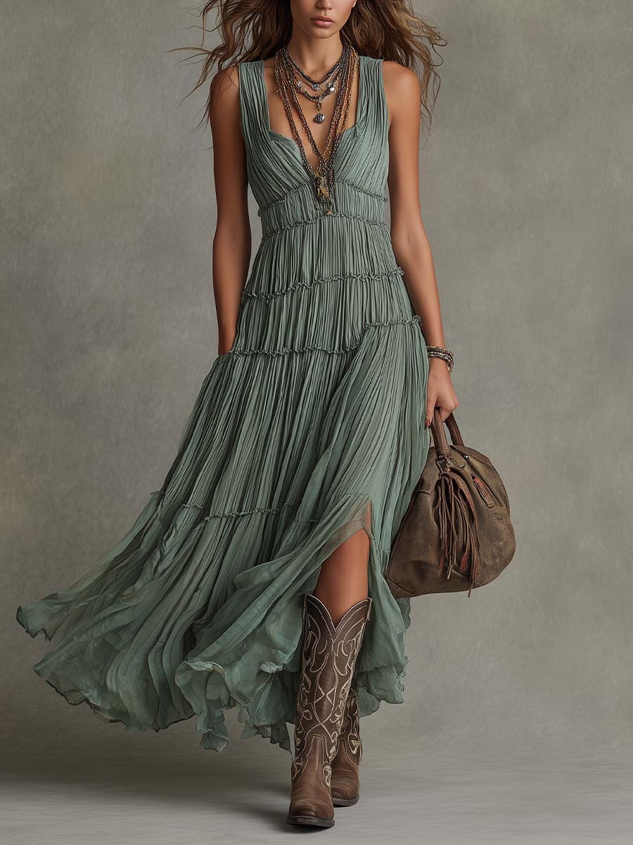 Vestido largo plisado de gasa verde salvia con cuello en V