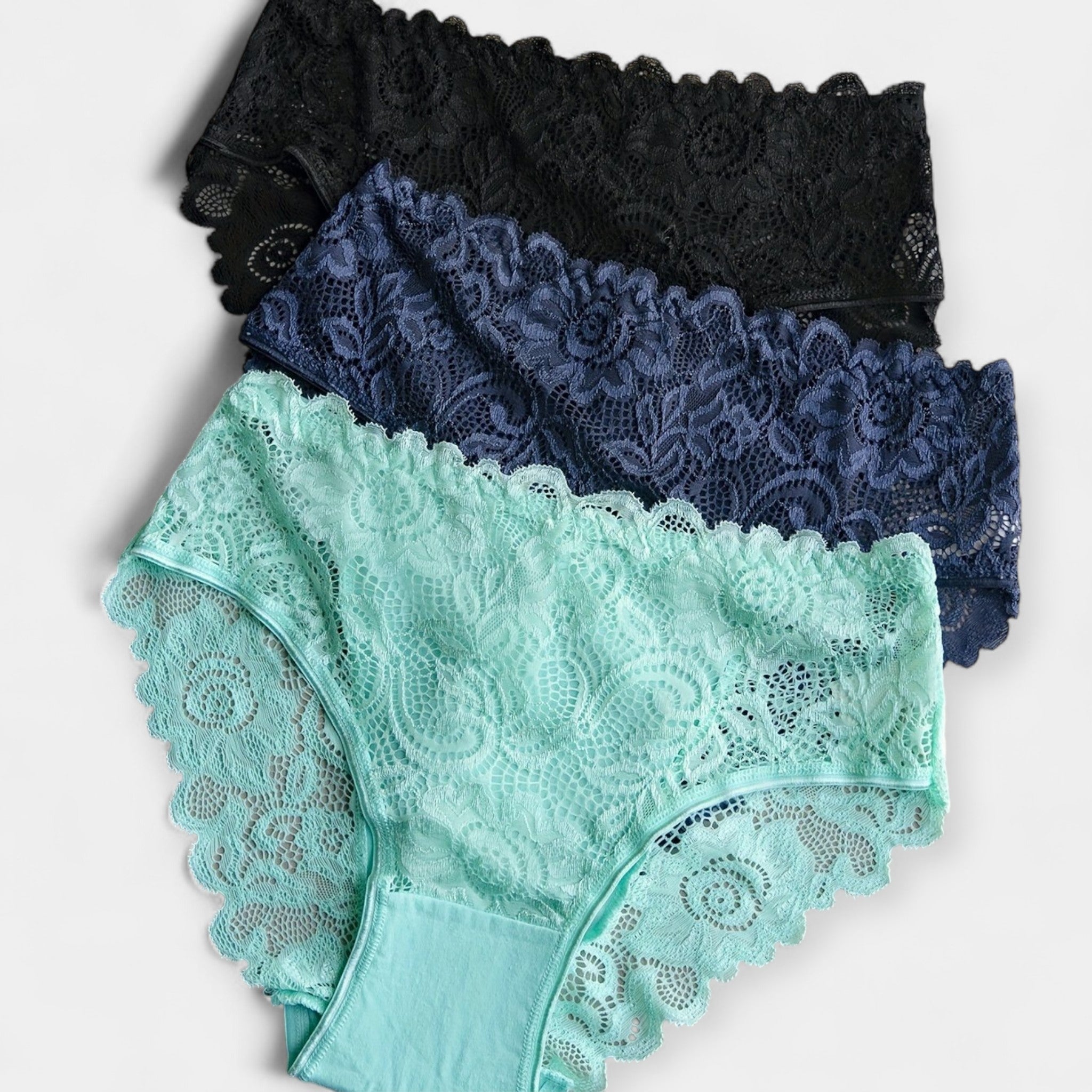 #Color_Paquete de 3 Conjuntos de Lencería de Encaje (Negro-Azul Marino-Turquesa)