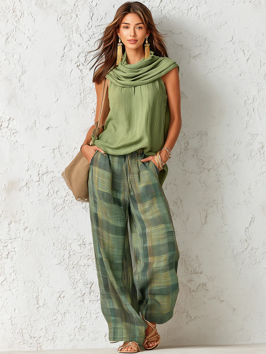 Conjunto de top sin mangas Sage Breeze y pantalón ancho a cuadros