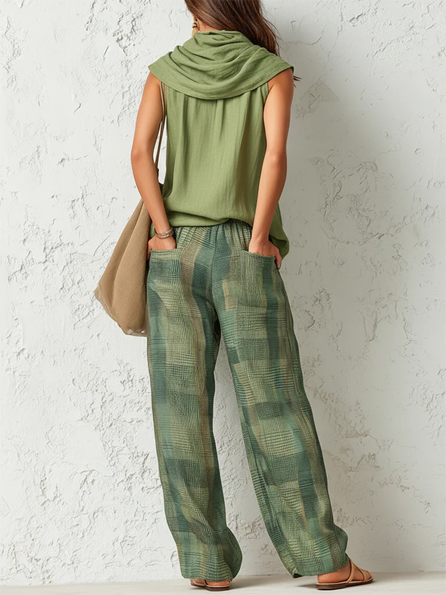 Conjunto de top sin mangas Sage Breeze y pantalón ancho a cuadros