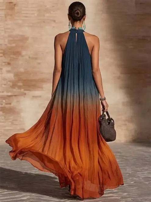 Vestido largo halter con escote en V degradado