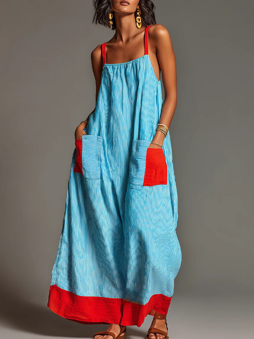 Vestido largo de rayas con detalles rojos contrastantes