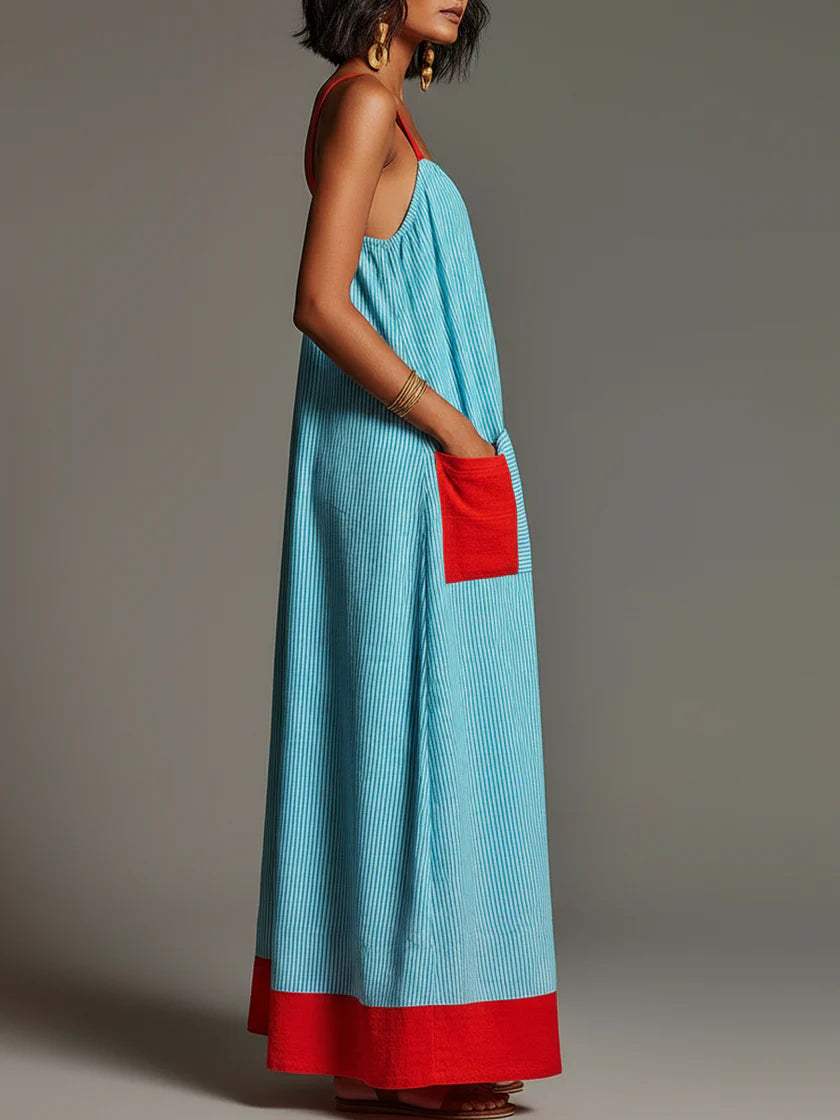 Vestido largo de rayas con detalles rojos contrastantes