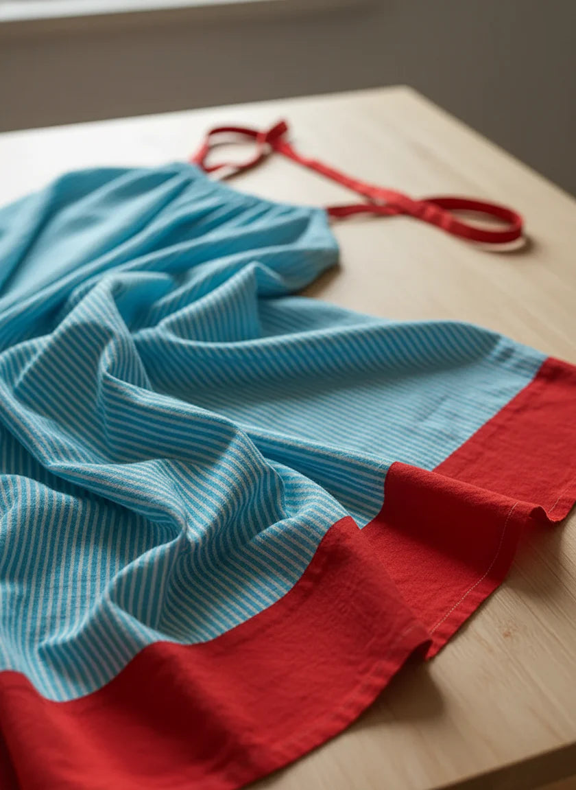 Vestido largo de rayas con detalles rojos contrastantes