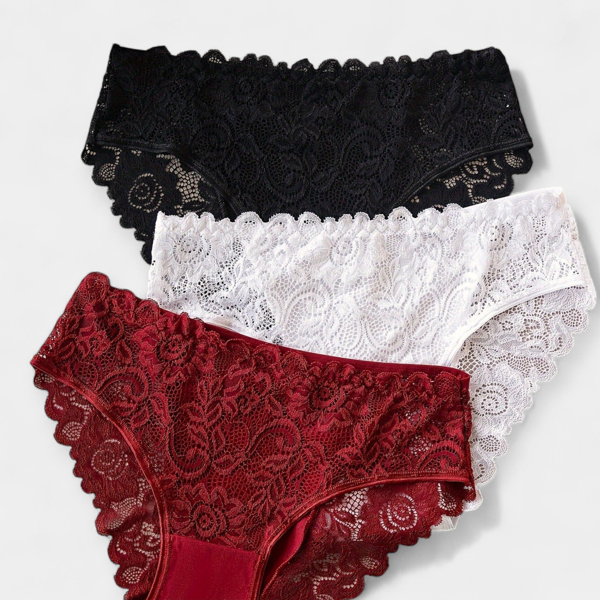 #Color_Paquete de 3 Conjuntos de Lencería de Encaje (Negro-Blanco-Borgoña)