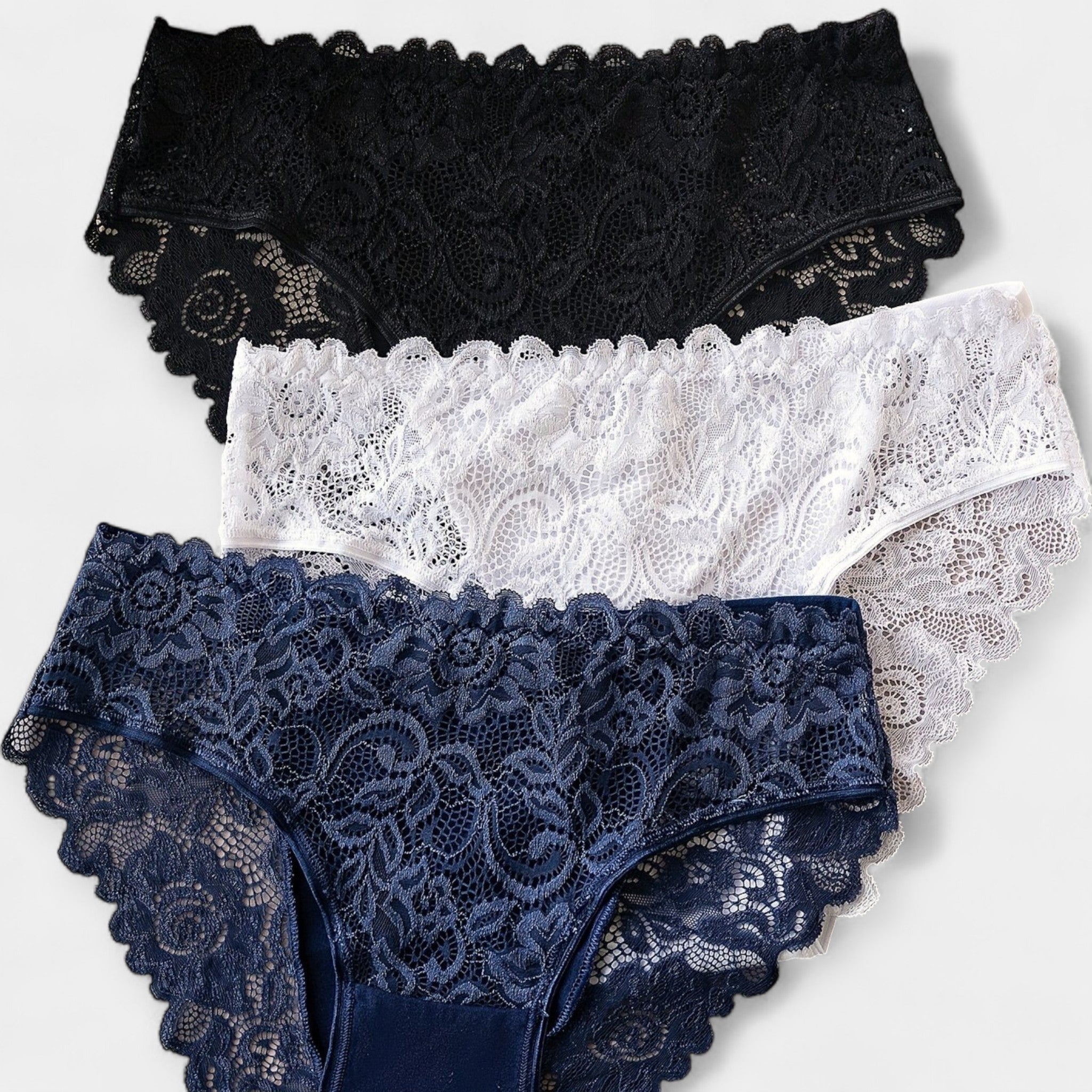 #Color_Paquete de 3 Conjuntos de Lencería de Encaje (Negro-Blanco-Azul Marino)