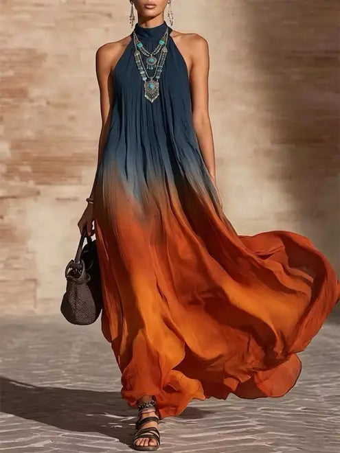 Vestido largo halter con escote en V degradado